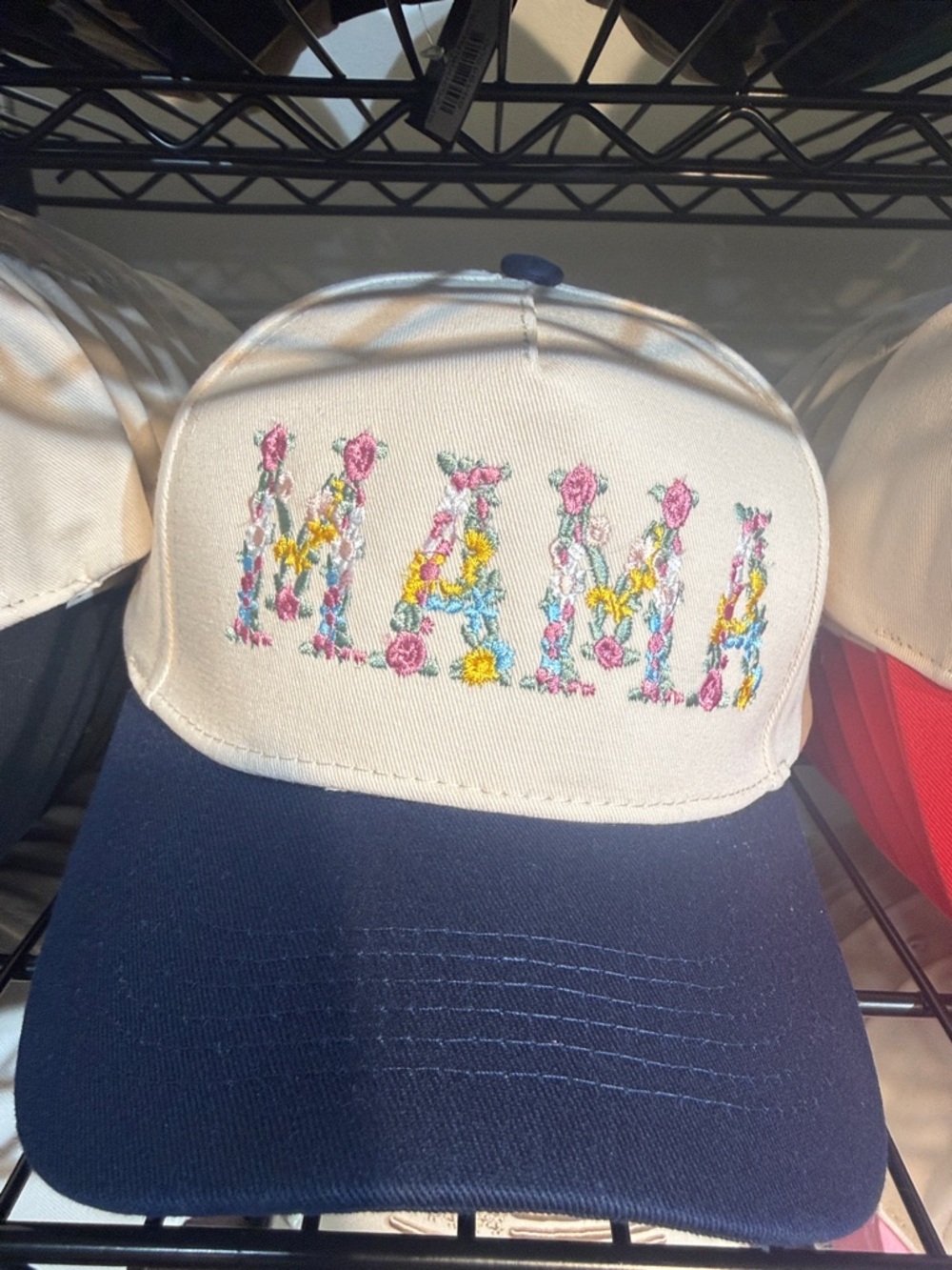 Kids Floral 'MAMA' Embroidered Baseball Cap - Navy/White